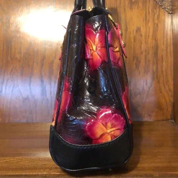 NWT-Marino Orlandi-Embossed Leather Satchel-Black-Tropical 🌺 Flowers-Italian 🇮🇹 - Picture 7 of 16